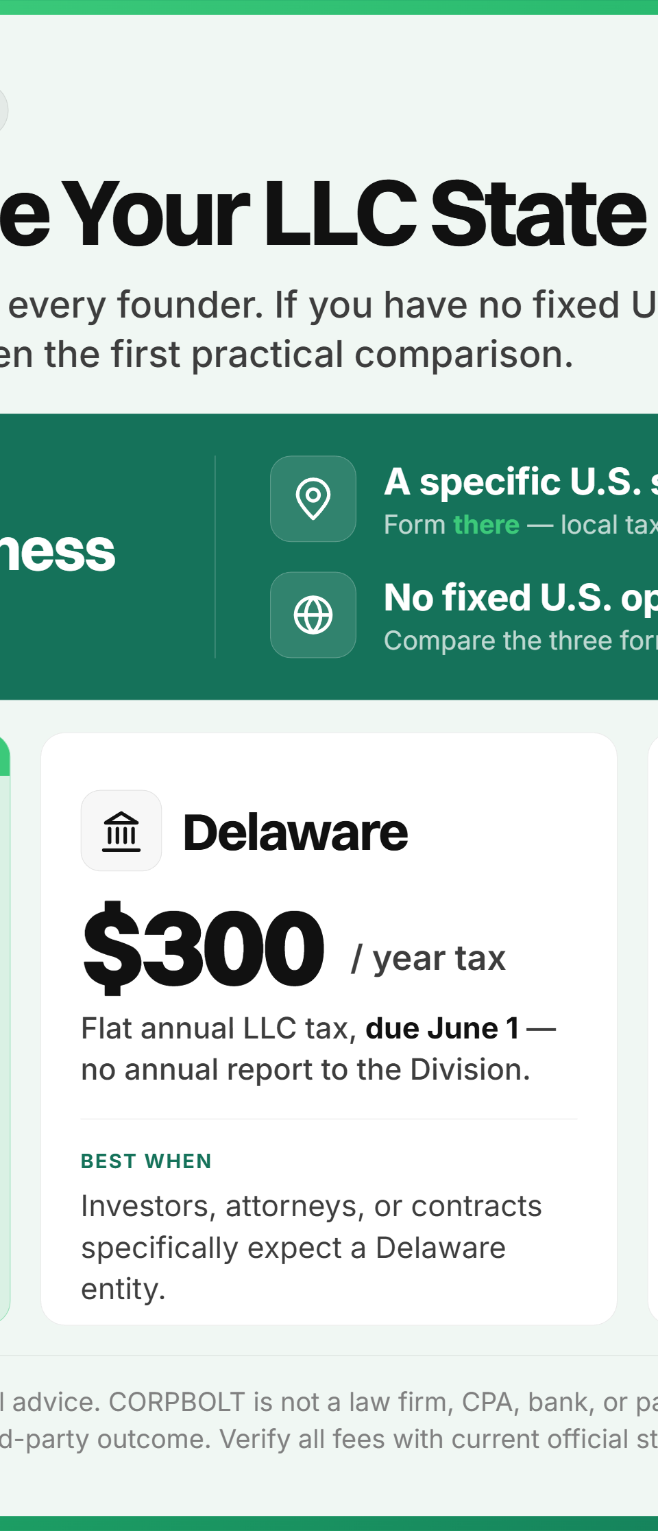 Infographic showing how non-US founders can compare Wyoming, Delaware, Nevada, and operating-state LLC options.