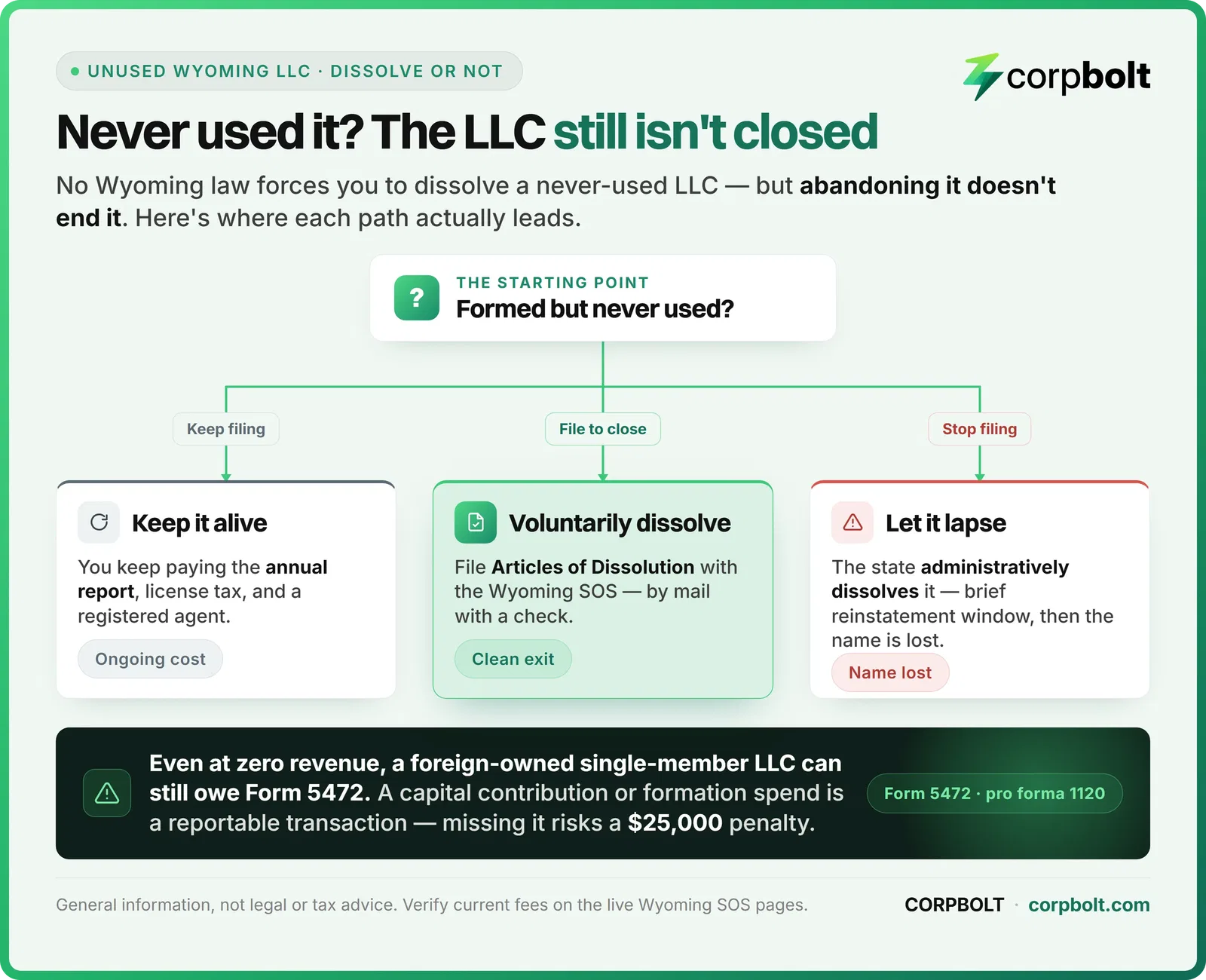 Infographic comparing three paths for an unused Wyoming LLC: keep filing, voluntarily dissolve, or let it lapse